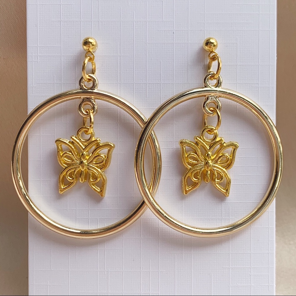Golden Hoops with Dangling Butterfly Charms
